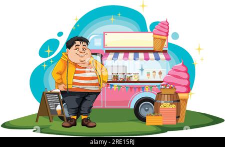 Uomo in sovrappeso davanti all'illustrazione del camion dei gelati Illustrazione Vettoriale