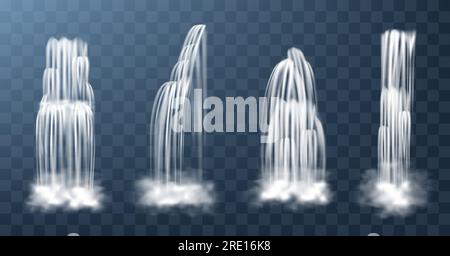 Cascate isolate su sfondo trasparente. Vector realistic acqua di fiume caduta con cascata, spruzzi e nebbia. Set di flussi liquidi, flusso di acqua pura, doccia o pioggia Illustrazione Vettoriale