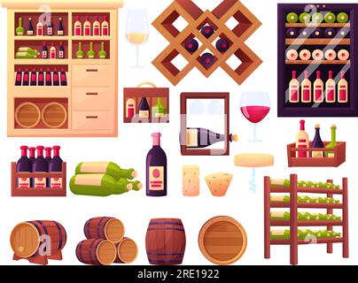 Elementi della cantina, bottiglie di alcol e botti di legno. Interni di vigne o negozi, scaffali e scatole, set di produzione vettoriale per aziende vinicole Illustrazione Vettoriale