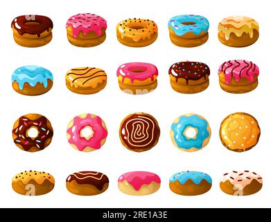 Collezione di ciambelle. Dolce dolce ciambella con spruzzi, glassa e glassa, colorato dolce dolce dolce dolce dolce dolce dolce per il design del menu del caffè da forno. Insieme di vettori Illustrazione Vettoriale