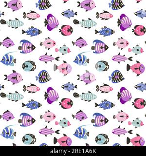 Coloratissimo motivo di pesci. Stampa senza cuciture di animali marini che nuotano sott'acqua esotici pesci tropicali. Trama di sfondo vettoriale Illustrazione Vettoriale