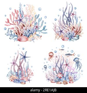 Set di graziose cartoline con animali marini. Raccolta di cartoline con stelle marine, balene, granchi, meduse, coralli, pesce, tartaruga. Illustrazione acquerello, h Foto Stock