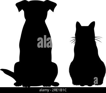 Cane e gatto seduti insieme silhouette. Illustrazione vettoriale Illustrazione Vettoriale