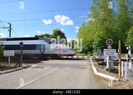 Passaggio a livello su una strada di campagna con cancello ferroviario automatico. Cancelli automatici abbassati, cancelli chiusi, luce rossa lampeggiante e passi del treno ad alta velocità TGV Foto Stock