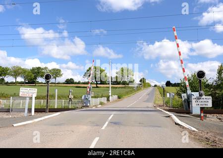 Passaggio a livello su una strada di campagna con cancello ferroviario automatico. Aprire barriere automatiche “un treno può nascondere un altro segnale Foto Stock