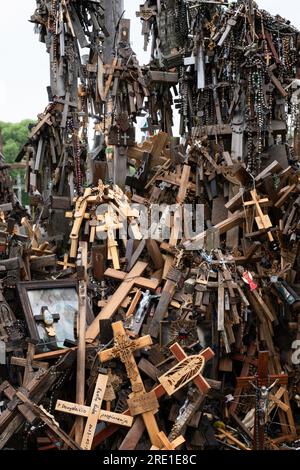 Crocifissi e croci sulla «Collina delle croci», un luogo di pellegrinaggio a nord della città di Šiauliai, nella Lituania settentrionale. Profondità di campo ridotta Foto Stock