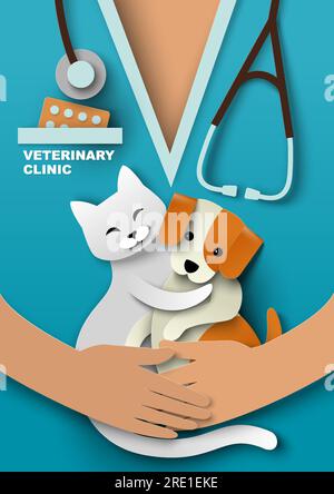 Illustrazione vettoriale clinica veterinaria con animali carini in mano al medico Illustrazione Vettoriale