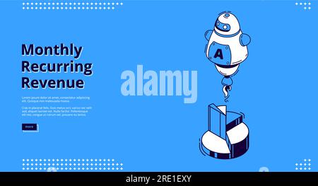 Ricavi mensili ricorrenti, landing page isometrica mrr. Icone del grafico a torta e dell'intelligenza artificiale isolate in blu. Banner Web per grafica vettoriale 3d per l'analisi dei guadagni Illustrazione Vettoriale