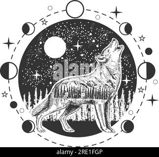 Silhouette di lupo che ulululava alla luna piena nella notte boho disegno di animali selvatici. Arte mistica, illustrazione vettoriale emblema isolata su sfondo bianco Illustrazione Vettoriale