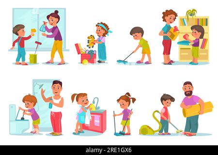 Lavori domestici di famiglia. I bambini carini aiutano i genitori a ripulire casa. Mamma e figlio che puliscono le finestre. Papa' e figlio che aspirano. Giocattoli pieghevoli per bambini. Governante Illustrazione Vettoriale