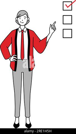 Donna anziana che indossa un cappotto happi rosso che indica una lista di controllo, Vector Illustration Illustrazione Vettoriale