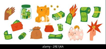 Soldi dei cartoni animati. Banconote verdi e monete d'oro. Carta di valuta. Dollari e centesimi. Salvadanaio. Portafoglio e maneki neko. Prosperità economica. Risparmio Illustrazione Vettoriale