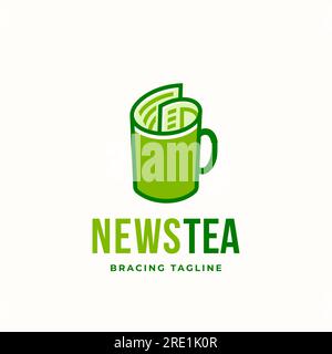 News Tea Abstract Vector Sign Emblem Logo Template. Rotolo di giornale incorporato nel concetto di tazza con tipografia moderna isolata Illustrazione Vettoriale
