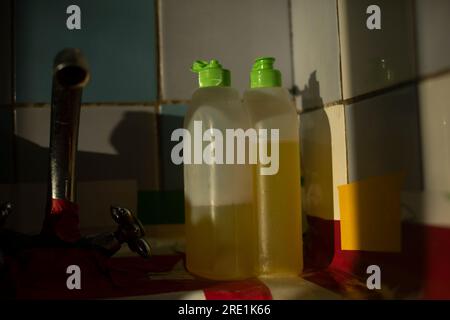 Detergente in cucina. Sapone per piatti. Dettagli della cucina. Flaconi di liquido. Foto Stock