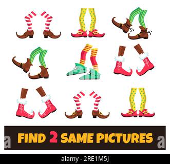 Trovare due immagini identiche. Cercare due gambe. Diversi collegamenti per scarpe. Corrispondenza natalizia degli elfi di Babbo Natale. Gioco educativo per bambini. Puzzle di Natale Illustrazione Vettoriale