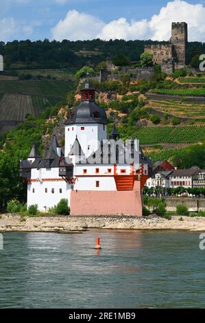 Castelli, torri e guglie sono attrazioni panoramiche sparse lungo il corso d'acqua medio della Valle del Reno. Foto Stock