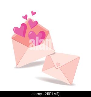 Busta rosa aperta con cuori che si elevano sopra la busta. Concetto di lettera di invito o messaggio. St Banner di San Valentino. Illustrazione Vettoriale