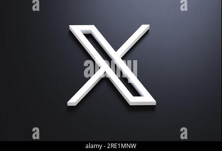 Valencia, Spagna - luglio 2023: Logo x app su sfondo nero in rendering 3D. X è il nuovo nome e logo del social network di proprietà di Twitter Foto Stock