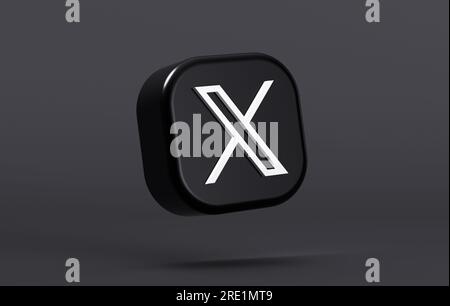 Valencia, Spagna - luglio 2023: Logo mobile X app su sfondo di colore scuro nel rendering 3D. X è il nuovo nome e logo del social network Twitter Foto Stock