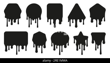 Gocciolamento nero. Gocce di olio nero astratto e schizzi, semplice macchia astratta e flusso di liquido. Raccolta di sciroppo di cioccolato vettoriale e schizzi d'olio. Forme diverse con perdite di inchiostro Illustrazione Vettoriale
