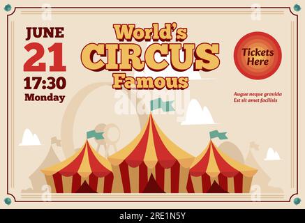 Poster Circus. Banner orizzontale con scena circense, volantino vintage con annuncio circense, spettacolo teatrale natalizio. Illustrazione vettoriale. Spettacolo di magia, intrattenimento per bambini Illustrazione Vettoriale