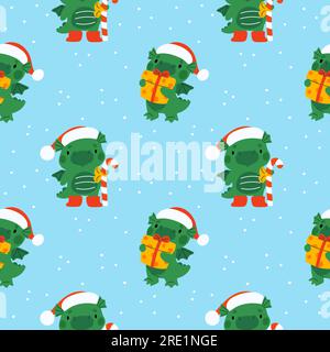 Little New Year Dragons motivo senza cuciture. Simpatiche mascotte da cartoni animati con regali in cappelli di Babbo Natale. Simbolo dell'oroscopo cinese. Carino dinosauro. Presentare la scatola e. Illustrazione Vettoriale