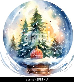 Bella illustrazione dei cartoni animati con la palla magica dell'albero di natale ad acquerello. Il concetto di festa di Natale. Illustrazione Vettoriale