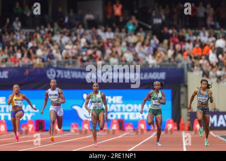 Marie-Josee TA LOU, Shericka JACKSON, Dina ASHER-SMITH, Twanisha TERRY, Aleia HOBBS, 100 M donne durante il London Athletics Meet, Wanda Diamond League Meeting il 23 luglio 2023 al London Stadium di Londra, Inghilterra Foto Stock