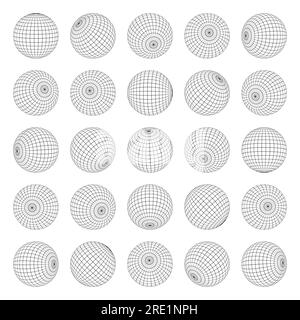 Sfere della griglia del globo. Sfere topografiche della mappa del mondo con informazioni di latitudine e longitudine, raccolta di mesh lineari della geografia mondiale. Insieme di vettori. Forme arrotondate in diverse posizioni, vista superiore e laterale Illustrazione Vettoriale