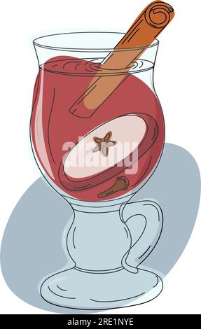 Contorno disegnato a mano da una tazza di bicchiere con VIN brulé, stecca di cannella, mela e punti colorati. Vettore. EPS. Felice giornata del VIN brulé. Isolare. Progettare poster, banner, brochure, saluti o inviti. Illustrazione Vettoriale