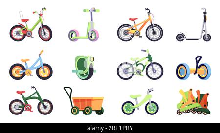 Trasporto per bambini. Cartoni animati per bambini e scooter per ragazzi, pattinaggio colorato per bambini piccoli, bici a tre ruote, rulli. Insieme isolato dal vettore. Attrezzature salutari per lo sport e il tempo libero, veicoli Illustrazione Vettoriale