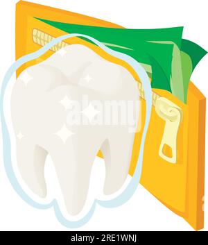 Icona concetto di prevenzione vettore isometrico. Dente umano sano e portafoglio aperto. Trattamento dei denti, stomatologia, assistenza sanitaria Illustrazione Vettoriale