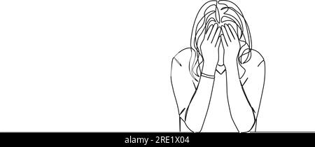 disegno continuo a linea singola di donna in pianto che copre il viso con le mani, illustrazione vettoriale line art Illustrazione Vettoriale
