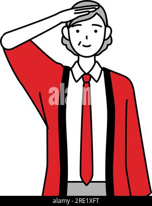 Donna anziana che indossa un cappotto felicemente rosso che fa un saluto, Vector Illustration Illustrazione Vettoriale