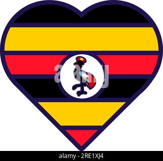 Cuore patriota nei colori della bandiera nazionale ugandese. Elemento festivo, attributi del giorno dell'indipendenza dell'Uganda. Icona vettoriale dei cartoni animati nei colori nazionali del contr Illustrazione Vettoriale