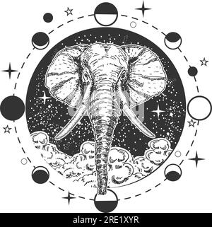 Testa di elefante sullo sfondo stellato del cielo nuvoloso in stile boho Illustrazione Vettoriale