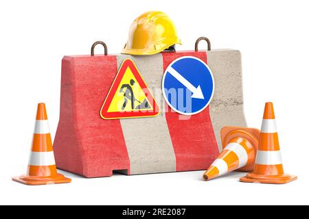 In costruzione. Barriera stradale con segnali stradali, coni e elmetto. illustrazione 3d. Foto Stock