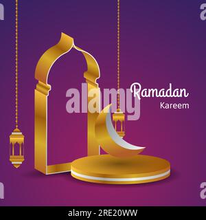 sfondo golden ramadan kareem con lanterna, podio, luna e cancello. illustrazione vettoriale islamica Illustrazione Vettoriale