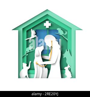Medico veterinario femminile che fornisce il controllo del cane vettore papercut Illustrazione Vettoriale