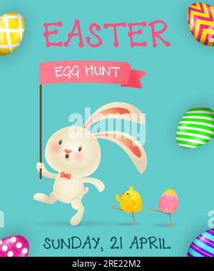 Poster della caccia all'uovo di Pasqua. Cartoon Bunny Illustrazione Vettoriale