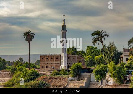Minareto e palme sul Nilo Foto Stock