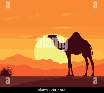 Cammello e cammina nel vettore di vista del tramonto, sagoma di una carovana di cammello con cammello nel deserto sulle montagne, illustrazione vettoriale. Illustrazione Vettoriale