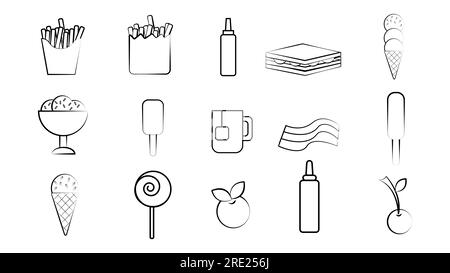 Set bianco e nero di 15 piatti e spuntini icone per il Cafe bar ristorante: Patatine fritte, sandwich, gelato, frutti di bosco, tè. Lo sfondo. Illustrazione Vettoriale