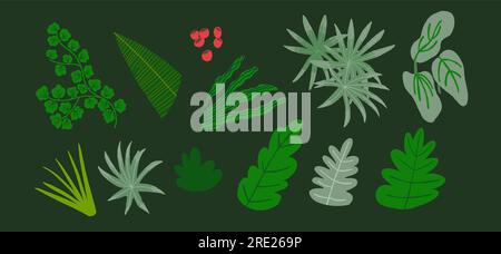 Serie vettoriale di illustrazioni piatte di piante, alberi, foglie, rami, cespugli. Illustrazione vettoriale dei cartoni animati piatti. Illustrazione vettoriale Illustrazione Vettoriale