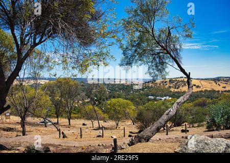 Vista sulla città di Toodyay (Australia Occidentale) e sulla campagna collinare circostante nella Wheatbelt dalla riserva Pelham Foto Stock