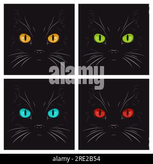 Vector Flat Yellow, Green, Blue, Red Cats Eye of a Black Cat in the Dark, at Night. Cat Face con Yes, Nose, Whiskers on Black. Cat Closeup Look in Illustrazione Vettoriale
