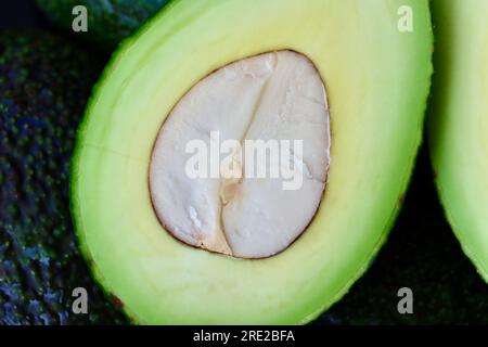 Avocado (Persea americana) tagliato in due attraverso il seme/fossa/kernel centrale. Foto Stock