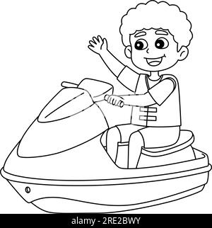 Ragazzo che corre su una Jet Ski Summer Isolated Coloring Page Illustrazione Vettoriale