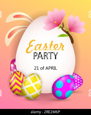Scritta per la festa di Pasqua con orecchie di coniglio, uova e fiori Illustrazione Vettoriale