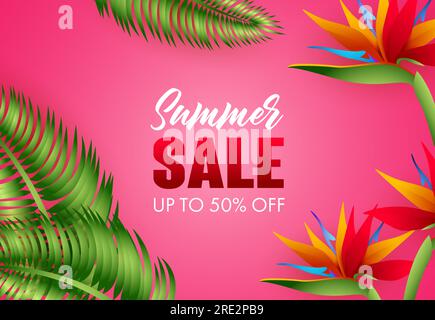 Saldi estivi, fino al 50% di sconto su lettering e fiori tropicali Illustrazione Vettoriale
